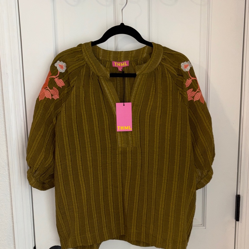 THML Olive Embroidered Puff Sleeve Tunic Top